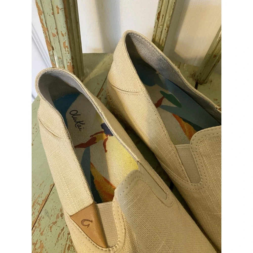 Olukai Women's Kaula Pa'a Kapa Linen Espadrilles slip on shoe Size 11 Beige EUC
